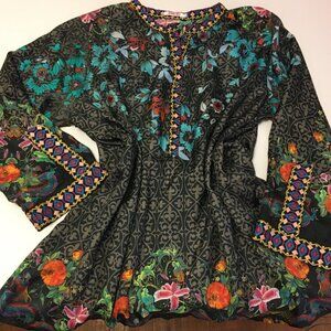 Johnny Was Kennedy Silk Embroidered Tunic Top Blouse Dragons Floral Artsy (IB)